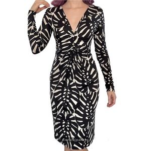 Tory Burch Silk Long Sleeve V-neck Dress Black Cream Monstera Print Size XS